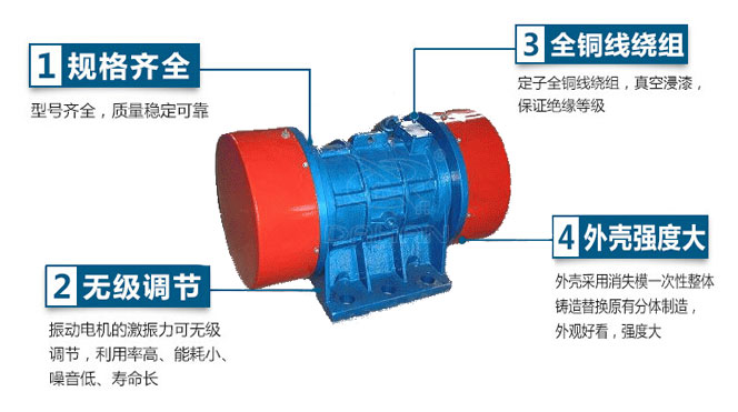 VB振動電機(jī)特點：1，規(guī)格齊全：型號齊全，質(zhì)量穩(wěn)定可靠。2，無極調(diào)節(jié)：振動電機(jī)的激振力可無極調(diào)節(jié)，利用率高，能耗小，噪音低，壽命長。4，外殼輕度大：外殼采用消失模一次性整體鑄造替換原有分體制造，外觀好看，強(qiáng)度大。